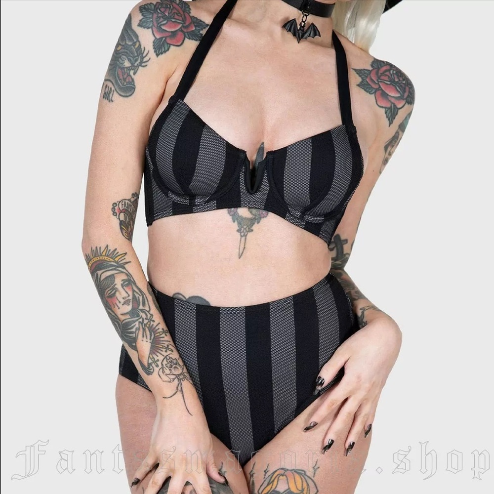 Killstar Zombie Atoll Black & Gray Striped High-Waist Bikini Set